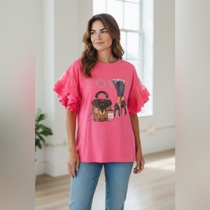 Pink Short Sleeve Tee with Ruffle Details